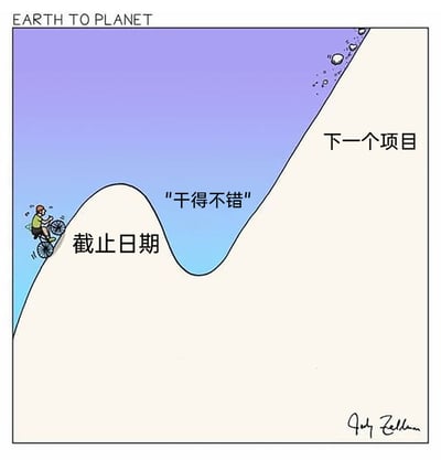 这是一幅改编自英文职场漫画的作品，画面以起伏的地形具象化职场工作节奏：一名卡通职场职员正费力地骑着自行车攀爬标注为“截止日期”的陡坡，在艰难爬过这个坡后，仅能在标注“干得不错”的平缓小洼地短暂停留，紧接着就要面对更陡峭的“下一个项目”上坡。这幅图精准地讽刺了当代职场人被无限循环的项目、接连不断的截止日期裹挟，永远处于高压工作状态，几乎没有喘息空间的无奈处境，极易引发职场群体的共鸣。