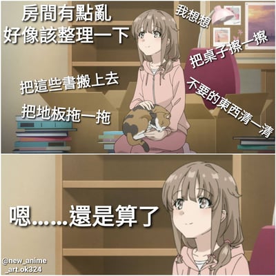 图片为上下两格的动漫拼接图。上格中，棕色双马尾女孩穿着粉色连帽衫，坐在凌乱的房间里抱着一只三色猫，周围散落着书本和纸箱，脑海中浮现出一系列整理计划：“房间有点乱 好像该整理一下”“把这些书搬上去”“把地板拖一拖”“我想想 把桌子擦一擦 不要的东西清一清”。下格中，女孩表情平静，内心想法变成“嗯……还是算了”，完美展现了拖延症患者从计划到放弃的真实写照。