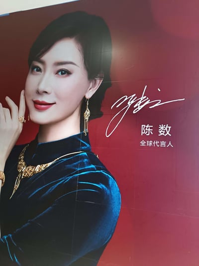 这是一张高端品牌宣传海报，画面左侧是演员陈数：她身着质感高级的深蓝色丝绒高领服饰，佩戴一套设计繁复精致的金色珠宝（包含项链、耳环、戒指、手镯），妆容精致得体，面带温婉的微笑，左手轻触脸颊，姿态优雅端庄。画面右侧为深红色渐变背景，搭配陈数的手写签名，以及“陈数 全球代言人”的白色规整文字，整体构图清晰，风格典雅华贵，完美契合高端珠宝品牌的质感定位，传递出成熟女性的优雅气质。