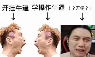 这是一张多图拼接的改编梗图，上方用文字与箭头分别对应下方的三个表情包：前两张是经过P图添加大脑图案的同款张嘴震惊真人表情包，对应“开挂牛逼”“学操作牛逼”，表现玩家看到厉害游戏操作时的惊叹；第三张是皱眉崩溃的真人表情包，对应“！？开学？！”，表现学生玩家面对开学的崩溃抗拒。通过强烈的情绪对比，调侃了学生玩家更畏惧开学的心态，没有双关或谐音梗。