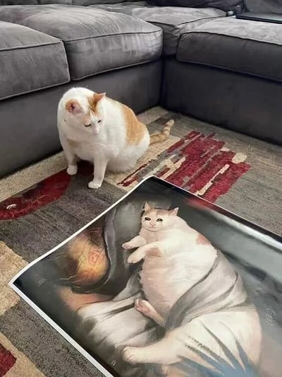 一只橘白相间的猫咪蹲坐在灰色L型沙发前的花纹地毯上，正低头凝视着面前放置的一幅画像。画像中是一只姿态放松、仰卧着的相似猫咪，形成了现实与图像中猫咪的有趣互动，画面温馨可爱。