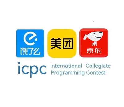 这是一张编程圈的趣味玩梗合成图，背景为纯白色，上半部分从左到右依次横向排列了饿了么、美团、京东三家互联网企业的品牌图标，下半部分标注了国际大学生程序设计竞赛的缩写“icpc”和全称“International Collegiate Programming Contest”；国内ICPC赛事目前主要由这三家互联网企业赞助，该图还通过形状和谐音对应ICPC四个字母，因此成为编程爱好者圈内流传的趣味梗图。