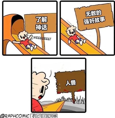 这是一幅三格连环卡通漫画：
1. 第一格：卡通小男孩兴高采烈地滑下滑梯，旁边立着写有“了解神话”的木牌，小男孩发出“WEEEEEEEE!”的开心叫声；
2. 第二格：小男孩滑到滑梯中段，表情变得惊恐，旁边的木牌内容变成“无数的强奸故事”；
3. 第三格：小男孩滑到滑梯底部，露出震惊的表情，眼前的木牌写着“人兽”，滑梯底部还有尖刺陷阱。

漫画通过滑滑梯的递进过程，用强烈的反差感调侃很多神话故事中包含的黑暗、猎奇的不堪内容，以黑色幽默的方式制造笑点。