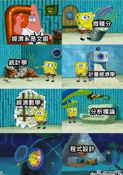 这是一张改编自动画《海绵宝宝》的连环梗图，用来吐槽经济系专业课程的难度反差与学习压力。第一格中，派大星坐在椅子上配文“经济系是文组”，表现出学生最初以为经济系是轻松文科的认知；随后的画面中，海绵宝宝依次面对标注“微积分”的小桶石头、“统计学”的一袋石头、“计量经济学”的一柜子石头、“经济数学”的一窗户石头、“分析导论”的石头沙发，课程对应的“工作量”（石头）逐渐增多；最后两格，海绵宝宝一脸崩溃地贴在窗户上，最后是标注“程式设计”的堆积如山的石头与设备，形象地展示了经济系课程从看似简单到难度陡增，远超学生预期，一步步将学生“逼疯”的过程，用递进的视觉效果夸张地呈现了经济系专业学习的高强度与高难度。