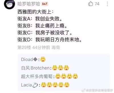 一张社交媒体评论截图，内容为用户“哈罗哈罗哈”发布的段子：西雅图大街上，街友A到C分别诉说创业失败、止痛药上瘾、房子被没收等严重问题，而街友D却称“我玩明日方舟终末地”，通过强烈反差制造幽默效果。截图下方显示为第29楼，发布于44分钟前海南，并有其他用户如“Dioad”“白风 Brotchen”“超大杯多肉葡萄”“Lacia”用多个惊讶表情（😲）进行评论。