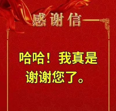这是一张以红色感谢信为背景，搭配大字金黄字体文案的表情包。图片中央用调侃的语气写着“哈哈！我真是谢谢您了。”带有明显的反讽意味，适用于在网络对话中表达无语、无奈甚至反感。“感谢信”的传统正式感与下方幽默、带刺的口吻形成反差，具有一定的双关及调侃色彩。
