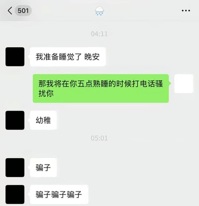 这是一张竖屏手机格式的微信聊天截图，顶部显示聊天标识为“501”，昵称旁带有下雨天气图标，聊天时间分别为04:11和05:01；双方头像都被做了黑色打码处理，对话内容依次为：白色气泡的一方先说“我准备睡觉了 晚安”，绿色气泡的一方回复称要在对方五点熟睡时打电话骚扰，白色气泡一方先吐槽“幼稚”，等到05:01，对方并没有接到电话，于是白色气泡一方连发两条消息吐槽“骗子”“骗子骗子骗子”，内容生活化且十分搞笑。