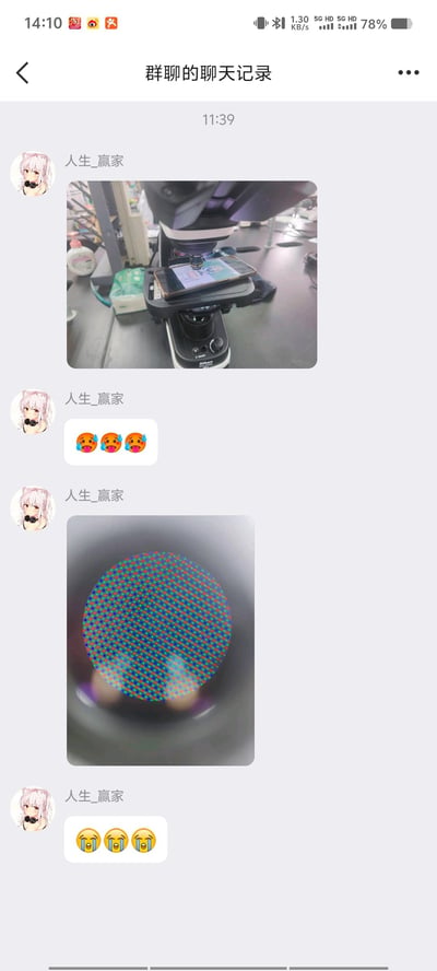 群聊界面截图，用户“人生赢家”在11:39分享了两张图片：第一张是手机放置在显微镜载物台上的实物照片，手机屏幕朝上，显微镜镜头对准手机；随后发送三个哭泣表情符号（🥺🥺🥺）；接着分享第二张图片，内容为圆形彩色网格图案，疑似通过显微镜观察到的画面，最后又发送三个哭泣表情符号（🥺🥺🥺）。整体展现了群聊中实验相关图片的分享及情绪反馈场景。