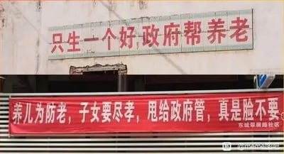 这是一张上下对比的静态标语图，上方是过去配合计划生育政策的养老宣传标语“只生一个好，政府帮养老”，下方是东城翠屏路社区的养老相关标语“养儿为防老，子女要尽孝，甩给政府管，真是脸不要”。两个标语传递的养老责任主体完全不同，形成强烈反差，直观展现出养老相关宣传导向的变化，也引发人们对养老责任归属、养老观念转变的讨论。