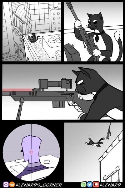 这是一则黑白漫画，主角是一只穿西装的猫咪狙击手。本来画面展示猫咪在高楼准备用狙击枪瞄准目标，但最后一格画面却反转，猫咪被不明力量拽下楼顶，带有很强的黑色幽默感和反转效果。整体风格带有动作片和搞笑漫画元素，利用动物拟人化进行幽默创作。

没有明显的谐音梗，但有反转、致敬动作片的暗示效果。