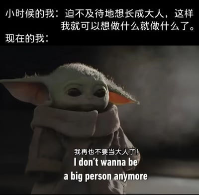 这张图片通过上下文字对比和中间的尤达宝宝形象，展现了成长中的心态变化。上方文字写着'小时候的我：迫不及待地想长成大人，这样我就可以想做什么就做什么了。'，下方文字则是'现在的我：我再也不要当大人了！I don't wanna be a big person anymore'。中间是《曼达洛人》中的尤达宝宝低头沉思的画面，表情忧伤，完美诠释了成年人对童年的怀念和对成年生活压力的无奈。