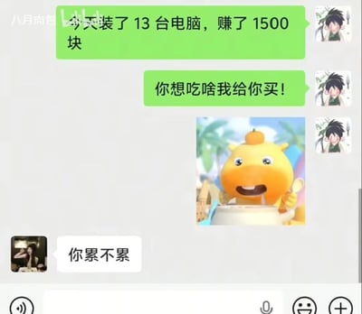 这是一张微信聊天界面截图，界面中绿色气泡的发言者首先分享自己当天装了13台电脑，一共赚了1500元，随即兴奋地表示“你想吃啥我给你买！”，还附带了一张头顶橘子的黄色奶龙手持勺子、开心看着面前食物的表情包，展现出自己赚钱后想要给对方花的喜悦心情；对面白色气泡的发言者并没有顺势提想要吃什么，而是首先关心对方“你累不累”，整体氛围十分温暖，体现出亲密关系中对伴侣感受的重视。