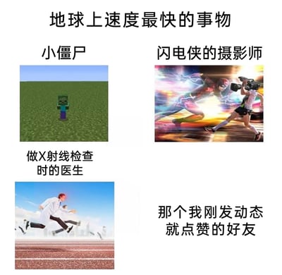 这是一张以“地球上速度最快的事物”为主题的搞笑图文梗图，通过四个不同场景玩速度相关的梗：1. 引用沙盒游戏《我的世界》里的小僵尸，该游戏中小僵尸移动速度远快于普通僵尸，是玩家熟知的设定；2. 调侃DC宇宙里的超级英雄闪电侠的摄影师，能跟上“世界上最快的人”的摄影师自然被戏称速度极快；3. 用奔跑的医生形象，调侃做X射线检查时医生动作催促的速度快；4. 调侃社交平台里总能在动态发出瞬间就点赞的好友，这类好友的点赞速度快到离谱，引发网友共鸣。整图结合游戏、影视IP和生活化场景，用夸张方式呈现“神速”的不同表现，充满趣味性。
