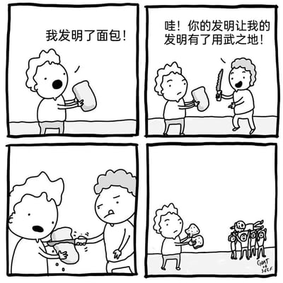 这是一幅充满黑色幽默的四格卡通漫画：第一格中，卷发角色兴奋地展示自己新发明的面包；第二格，灰发角色拿着刀激动地跑过来，表示面包的发明让自己的刀终于有了用武之地；第三格，灰发角色表情严肃地用刀将面包切成了类似人头的形状；第四格，卷发角色疑惑地拿着被切开的面包，而灰发角色则加入了一群抬着“人头”（被切的面包）的队伍，反转揭示出刀的真正用途是服务于这种类似“砍头”的荒诞需求，制造出讽刺感拉满的笑点。