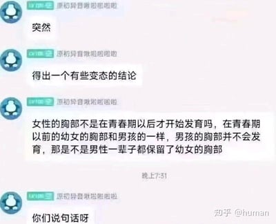 这是一段聊天记录截图，用户“原初异音啾啦啦啦啦”先发消息说“突然得出一个有些变态的结论”，接着抛出一个脑洞逻辑：女性胸部在青春期后发育，青春期前幼女胸部和男孩一样，而男孩胸部不会发育，因此得出“男性一辈子都保留了幼女的胸部”的结论，最后还催促其他人回应“你们说句话呀”。这段内容是通过偷换概念的搞笑逻辑制造出荒诞的笑点，属于无厘头的脑洞调侃，没有恶意，只是为了制造聊天中的趣味梗。从科学角度来说，这种说法是不严谨的，幼女的胸部是未发育的女性乳腺结构，而男性的胸部是男性的乳腺结构，二者只是外观形态相似，但生理本质不同，不能等同，这只是一种搞笑的脑洞调侃，并非科学结论。