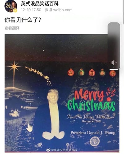 这是一张经过P图改编的恶搞圣诞主题图片，画面将美国前总统唐纳德·特朗普的头像合成在中央位置，下方的白色图案与他的身体形成视觉错位，制造出不雅姿势的视觉效果；背景是圣诞风格的夜景，包含伯利恒之星、圣诞老人的雪橇、圣诞树，还有印有相关人物头像的圣诞装饰球；画面右侧配有红色和绿色的“Merry Christmas”字样，下方标注“From The Winter White House December 2021 President Donald J. Trump”，整体通过视觉错位的手法，结合圣诞元素打造出低俗恶搞的没品笑话效果。