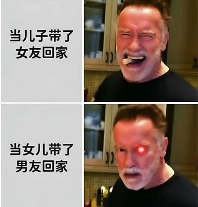 本图分为上下两格，用以对比“当儿子带了女友回家”和“当女儿带了男友回家”时家长的不同表情反应。两组场景左侧为文字，右侧为同一人物在厨房场景中的表情反转。此类梗图常见于网友调侃家庭、父母对子女恋爱双方的双标反应，具有普遍性和幽默感。没有涉及谐音梗或双关暗示，但主题为社会上的“性别双标”现象。

整体风格轻松幽默，带有一点点调侃家庭传统观念的意味。