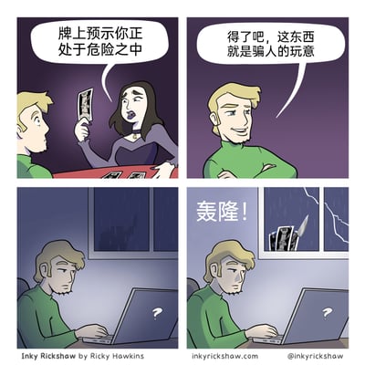 这是一则四格连环卡通漫画，讲述了一个反转的搞笑故事：第一格中，一位黑发女性占卜师神情严肃，举着塔罗牌告诉对面的绿衣男子，牌面预示他正处于危险之中；第二格，绿衣男子抱臂，满脸不屑地反驳，认为塔罗牌是骗人的东西；第三格，雨夜中，绿衣男子独自坐在桌前使用笔记本电脑，表情带着疑惑；第四格，伴随“轰隆！”的雷声，窗外出现了塔罗牌和一把刀具，暗示危险真的降临，应验了之前的预言，以荒诞的情节制造出讽刺又搞笑的反转效果。