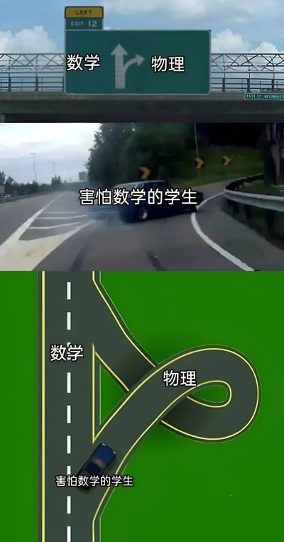 该图为三格上下拼接的幽默梗图，通过道路选择场景调侃学生对数学和物理的态度。第一格是绿色路牌，左侧标有“数学”，右侧标有“物理”，箭头分别指向左右；第二格显示一辆黑色汽车（标注“害怕数学的学生”）在道路上向右侧急转，冲向物理方向；第三格是简化的道路示意图，“数学”对应笔直的道路，“物理”则是一条扭曲回旋的复杂路线，而“害怕数学的学生”的汽车正行驶在物理的曲折道路上。整体通过视觉隐喻表达学生为逃避数学选择物理，却发现物理同样复杂的无奈与幽默。