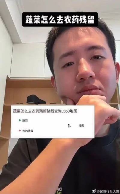 图片中人物呈思索状，手托下巴。顶部文字为“蔬菜怎么去农药残留”，下方模拟360地图搜索界面，将“蔬菜”和“农药残留”设为起点和终点，显示“蔬菜怎么去农药残留路线查询_360地图”并配有“搜索”按钮。通过语义双关制造笑点：“去农药残留”本指去除蔬菜上的农药，却被恶搞为用地图导航从“蔬菜”到“农药残留”的路线，形成荒诞幽默效果。