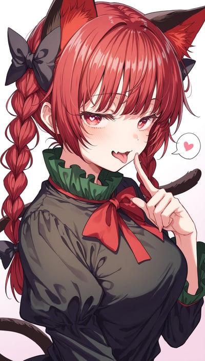 图中是一位动漫风格的红发狐耳少女，她有着柔顺的红色长发，梳成两条麻花辫，发尾系着黑色蝴蝶结。头顶竖立着毛茸茸的红色狐耳，身后可见黑色的狐尾。少女穿着深绿色的连衣裙，领口有绿色褶皱装饰，胸前系着一个醒目的红色蝴蝶结。她的脸颊泛着淡淡的红晕，眼睛是温柔的红色，嘴角微微上扬，正用右手食指轻轻抵在唇边，做出俏皮又略带害羞的表情，旁边还有一个带着红色爱心的白色气泡框，整体画面充满可爱与灵动的气息。
