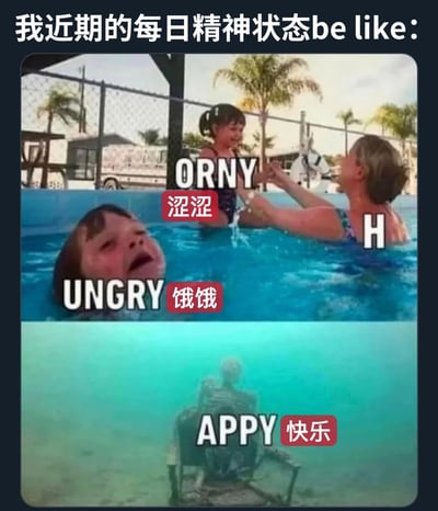 图片顶部文字为“我近期的每日精神状态be like:”，下方分为上下两部分。上半部分是泳池场景，一位成年人正举起一个小女孩，旁边标注“ORNY 涩涩”；泳池中还有一个露出头部的小孩，标注“UNGRY 饿饿”。下半部分是水下视角，一个骷髅坐在椅子上，标注“APPY 快乐”。整体通过幽默的方式展现了日常中复杂矛盾的精神状态：表面的羞涩、饥饿与隐藏在水下的快乐。