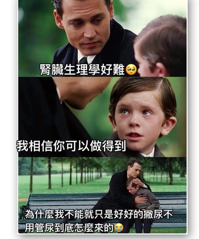 這是一張三格電影截圖改編的梗圖，使用了電影《尋找夢幻島》(Finding Neverland)的場景。上格顯示男孩說「腎臟生理學好難」並帶有難過表情符號；中格是Johnny Depp飾演的角色鼓勵說「我相信你可以做得到」；下格男孩崩潰回應「為什麼我不能就只是好好的撒尿不用管尿到底怎麼來的」並帶有哭泣表情符號。圖片通過電影中溫馨的安慰場景與學生面對困難學科時的真實無奈形成幽默對比，表達了學習醫學生理學的艱難與崩潰心情。