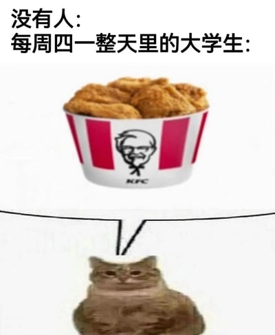 这是一张结合网络热梗的搞笑P图，上方配有文字“没有人: 每周四一整天里的大学生:”，下方是头部被替换成装满炸鸡的KFC全家桶的迷惑猫。图中用这种荒诞的形象化方式，调侃在肯德基“疯狂星期四”优惠活动期间，大学生满脑子都是KFC炸鸡的状态，精准抓住了大学生热衷于参与该优惠活动、对平价美食充满向往的校园日常，通过违和的P图效果制造出诙谐的笑点，十分贴合当下学生群体的生活趣味。