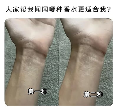 这是一张充满趣味的无厘头梗图，图中展示了两只手腕，左侧标注为“第一种”，右侧标注为“第二种”，上方配文“大家帮我闻闻哪种香水更适合我？”。内容利用“无法通过图片感知气味”的常识，制造出提问和视觉内容的反差感，以玩笑的方式向网友发起互动，本质是一个搞笑的恶作剧式内容，没有实际的香水气味可供分辨，仅通过这种反差来营造趣味效果，引发网友的趣味回应。