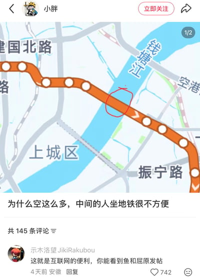 整张图是社交媒体帖子截图，顶部显示发布用户昵称为“小胖”，内容是杭州局部地铁线路图，可见标注的地点包括建国北路、上城区、钱塘江、振宁路等，图中用红圈标出了地铁线路穿越钱塘江的江中路段，发布者配文质疑“为什么空这么多，中间的人坐地铁很不方便”，错误认为江面上应该设置地铁站点供人乘坐。下方有一条获赞742的高赞评论，评论者调侃道“这就是互联网的便利，你能看到鱼和屈原发帖”，讽刺提问者的逻辑荒谬，江中并没有普通居民需要乘坐地铁，只有鱼类和传说中投江的屈原才会出现在该区域，形成搞笑的反差效果。