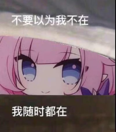 这是一张文字加注类的卡通梗图，图中是Q版的粉发蓝眼动漫角色，只露出上半张脸，仿佛躲在遮挡物后偷偷注视着前方。图中配有上下两行文字：“不要以为我不在”和“我随时都在”，营造出一种一直在关注、“监视”对方的俏皮感，适合用来和朋友互动，调侃式地表达自己一直在留意对方的动态，没有双关或谐音梗。