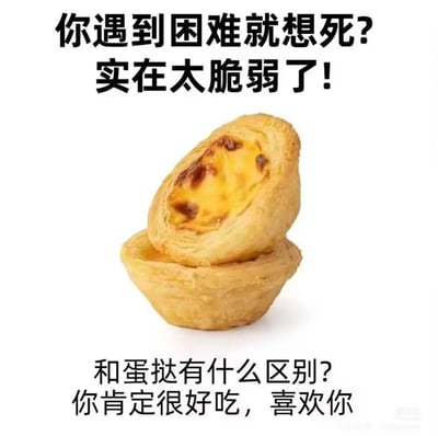 这是一张走反差搞笑路线的网络梗图，整体为图文混排形式：上方用略带指责的语气配文“你遇到困难就想死？实在太脆弱了！”，先对遇到困难就陷入消极状态的人做出“脆弱”的评价；中间展示了两个叠放的蛋挞，其中一个蛋挞的挞芯呈现出类似“塌软”的形态，呼应了前文的“脆弱”；下方配文突然反转，用喜爱食物的语气说道“和蛋挞有什么区别？你肯定很好吃，喜欢你”，将对“脆弱”的指责扭转为可爱的调侃，用蛋挞的酥脆、软塌的形态类比人的脆弱，最后以食物的“好吃”来表达对对方的喜爱，形成强烈的反差感，搞笑又带有治愈感，消解了消极情绪的沉重感。