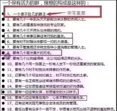 这是一张趣味总结类的图文，以清单形式列出了“一个保有活力的群”的18种理想成员构成，用红框和箭头重点标注了第1条“一个傻不拉几的群主”并注明“非常重要”，同时框出了第5、8、15、16条内容。清单内容涵盖爱水群的休闲人士、游戏玩家、爱晒的“海豹”、爱抬杠的基友、爱发黄图的死宅、作息极端的光头、重复发图的“复读鸡”、搞事的作死畜、发红包的土豪、维持群规的“纪委书记”、甘愿挨骂的成员、女装爱好者、海外时差党、爱@全体的“狗管理”以及潜水群员等，用接地气的调侃方式，总结了网络群聊里常见的各类有趣成员，风格幽默搞笑，精准贴合网友的群聊日常体验，图中没有双关、谐音梗等内容。