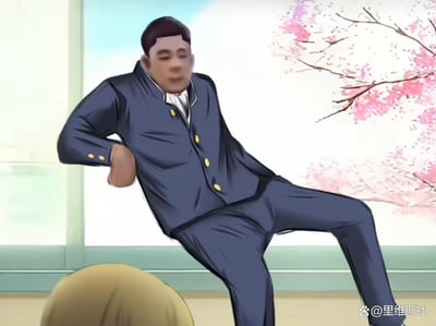 这是一张基于网络热梗创作的卡通风格绘图，图中人物是火影手游主播看海的动漫化形象，身着带有金色纽扣的深蓝色立领制服，呈现出歪斜半坐、极为放松的夸张坐姿，一只手放在腰后，双腿岔开耷拉，背景是带有粉色樱花枝条的明亮窗户，画面右下角带有百度平台创作者@里维斯社的水印，该坐姿就是“雷霆坐姿”梗的具象演绎。
