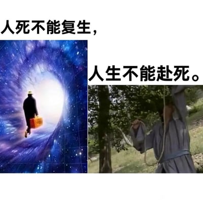 这是一张左右拼接的劝诫类梗图，左图呈现一位手提橙色箱子的人走向充满星光的宇宙隧道，对应文字“人死不能复生”，象征生命逝去后便无法挽回；右图是一位古装打扮的人在户外树上系上吊绳索，对应文字“人生不能赴死”，通过具有反差感的画面组合，直观传递出要珍惜生命、切勿轻生的正向观点，用场景强化文字的劝诫力度。