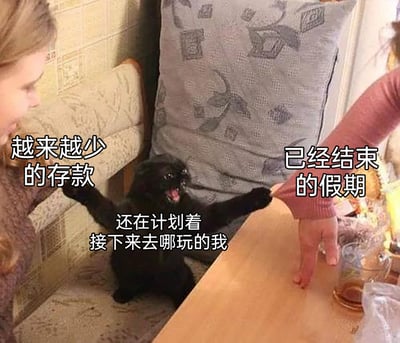 这是一张充满共鸣感的网络梗图，画面主体是一只张着嘴、双臂张开的黑猫，表情激动抗拒，被左右两边的人拉扯。左边的人被标注为“越来越少的存款”，右边的人被标注为“已经结束的假期”，黑猫则代表“还在计划着接下来去哪玩的我”。整张图生动形象地描绘了假期结束时，存款已经见底但游玩的兴致还没消退的人的矛盾、无奈又抗拒的心情，精准戳中了很多人假期末期的真实状态，容易引发大众的情感共鸣。