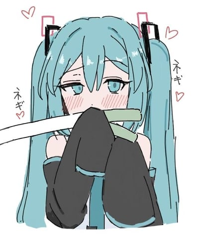 这是一幅手绘风格的初音未来同人创作图，图中的虚拟偶像初音未来有着标志性的蓝绿色双马尾，脸颊布满红晕，眼神带着羞涩感，双手被宽大的黑色袖子遮挡，正咬着一根葱。图的左右两侧标注了日文“ネギ”，意为“葱”。初音未来与葱的关联源于早期的网络创作梗，葱逐渐成为她的标志性关联道具，这幅图通过害羞的表情搭配咬葱的动作，放大了角色的软萌可爱感，没有双关或谐音梗的额外暗示。