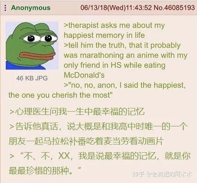 这是一张图文混排的静态表情包图片，左侧是神情落寞的经典表情包角色悲伤蛙（Pepe the Frog），右侧是中英文对照的对话文字。内容讲述了一位匿名者在被心理医生询问一生中最幸福的记忆时，给出了高中时期和唯一的朋友一起“马拉松式补番”、吃麦当劳看动画的回答，而医生强调要“最珍惜”的记忆，潜台词是匿名者的人生中再也没有比这段时光更幸福的时刻，这段内容带着对青春时期纯粹简单快乐的怀念，也透露出一种成年后难以复刻此类幸福的落寞感，与悲伤蛙的表情完美契合，容易引发网友的情绪共鸣。