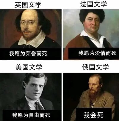 这是一张四格拼接的图文混排趣味梗图，分别选取了英国文学代表威廉·莎士比亚、法国文学代表奥诺雷·德·巴尔扎克、美国文学代表杰克·伦敦、俄国文学代表费奥多尔·米哈伊洛维奇·陀思妥耶夫斯基的经典肖像，每格搭配一句简短的总结性文字，来调侃不同国家文学的核心风格特质：英国文学的“我愿为荣誉而死”契合其作品中常见的荣誉、骑士精神与古典悲剧主题；法国文学的“我愿为爱情而死”呼应了其浪漫主义作品中浓烈的爱情表达；美国文学的“我愿为自由而死”贴合了美国文化及作品中对自由、个体价值的追求；俄国文学的“我会死”则是幽默地戳中其作品中充满苦难、宿命感与悲剧色彩的特点，用极简且反差的文字，生动总结了大众对各国文学的普遍印象，引发文学爱好者的共鸣。