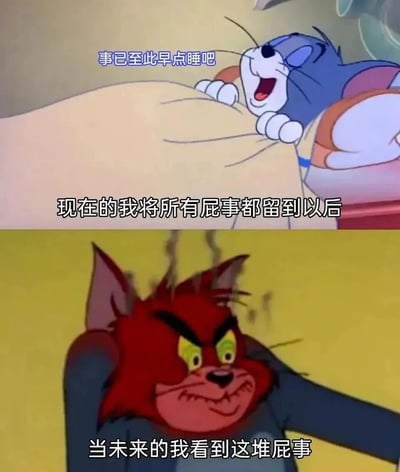 这是一张由经典动画《猫和老鼠》的两张截图拼接而成的搞笑梗图，上半部分呈现的是汤姆惬意地趴在枕头上，配文“事已至此早点睡吧 现在的我将所有屁事都留到以后”，精准刻画了当代人遇到烦心事时选择逃避、拖延，把问题都推给未来自己的心态；下半部分则是汤姆愤怒炸毛、头发冒烟、表情极度狰狞的画面，配文“当未来的我看到这堆屁事”，生动还原了拖延症患者面对堆积如山的任务时，崩溃暴怒的瞬间。整张图用幽默夸张的动画场景，戳中了当代年轻人拖延后焦虑的真实生活状态，引发强烈共鸣。