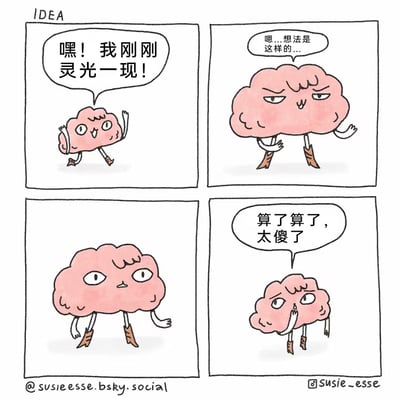 四格漫画描绘了拟人化大脑的创意心路历程：第一格兴奋地宣布"嘿！我刚刚灵光一现！"，第二格摸着下巴思考"嗯...想法是这样的..."，第三格表情困惑地歪头，第四格摆手放弃"算了算了，太傻了"。生动展现了灵感从产生到自我否定的有趣过程，用可爱的卡通形象和生活化场景引发共鸣。