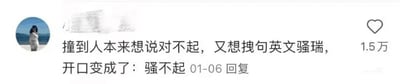 这是一张社交媒体评论区的静态单图截图，画面左侧是一位真人用户的圆形头像，右侧展示了一条搞笑评论，内容为“撞到人本来想说对不起，又想拽句英文骚瑞，开口变成了：骚不起”，评论发布时间标注为01-06，该评论获得了1.5万的点赞。这条评论利用中文“对不起”和英文“sorry”（谐音“骚瑞”）的口误组合，创造出“骚不起”这个搞笑的谐音内容，通过日常的尴尬口误场景制造出幽默效果，贴近生活，容易引发网友的共鸣。