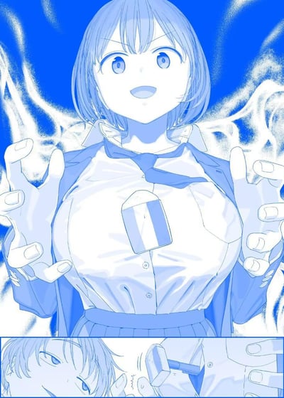这是画师比村奇石创作的《星期一的丰满》系列漫画内容，采用系列标志性的蓝白色单色调绘制。画面分为上下两部分：上图是短发女学生小爱，双手做出搞怪的张开姿势，胸口夹着一根冰棒，表情兴奋搞怪，周身还有类似冷气的特效；下图是男生的视角，冰棒掉落在男生脸上，呈现出小爱恶作剧成功的趣味场景，整体风格轻松搞笑，展现了校园里的日常小互动。