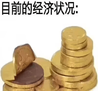 图片上方有文字“目前的经济状况：”，下方展示了几堆金黄色的硬币，其中一枚硬币被掰断，露出内部深色的材质，暗示表面看似繁荣（金币象征财富），实则内里空虚或存在虚假成分。
