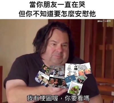 这张梗图描述了当朋友哭泣但你无从安慰时，只能递出网络梗图的尴尬情景。角色僵硬地递出一堆梗图，配文幽默反应出现实中“社交无力”的困境，非常适合用来表达安慰别人时的无奈和出于好意却无从下手的状况。拼贴的梗图细节丰富，语气轻松治愈。