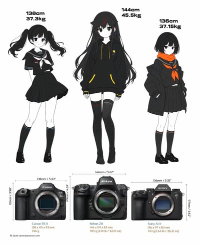 这张图将佳能EOS R5 Mark II、尼康Z8、索尼Alpha 1 II三款专业旗舰全画幅相机的机身尺寸、重量参数，趣味拟化为三位风格各异的二次元黑发少女：<br>1. 左侧对应佳能R5 II：以138cm身高、37.3kg体重对应相机的紧凑轻盈，身着带有EOS标识的水手服，造型活泼可爱；<br>2. 中间对应尼康Z8：以144cm身高、45.5kg体重对应相机的厚重机身，穿着黑黄配色的卫衣，配色呼应尼康品牌色，气质平静淡然；<br>3. 右侧对应索尼A1 II：以136cm身高、37.15kg体重对应相机的小巧体型，穿着带有α标志的水手服+外套，风格酷拽冷淡。<br>下方则是三款相机的真实尺寸、重量参数对比图，用萌系拟人化的方式，将专业的器材参数转化为直观易懂的视觉内容，让摄影爱好者能快速感知三款相机的体型差异。