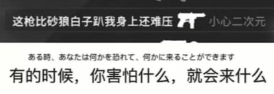 图片分为上下两部分。上半部分为黑色背景白色文字：“这枪比砂狼白子趴我身上还难压 🔫 小心二次元”，通过将游戏中难控制的枪械与动漫角色“砂狼白子”的夸张场景对比，调侃枪械操控难度，同时加入“小心二次元”的网络流行警示语。下半部分包含日文“ある時、あなたは何かを恐れて、何かに来ることができます”及其中文翻译“有的时候，你害怕什么，就会来什么”，引用类似“墨菲定律”的谚语，形成上下内容的情绪呼应。整体为文字拼接的梗图，结合游戏、二次元文化与生活哲理。