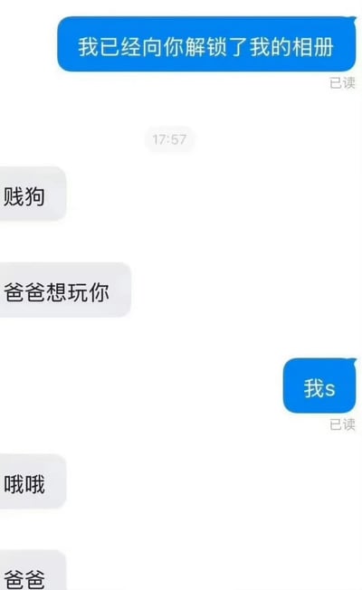 这是一张聊天记录截图，显示了一段包含不适当语言的对话。一方发送了"我已经向你解锁了我的相册"，另一方回复了"贱狗"、"爸爸想玩你"等内容，随后发送方回复"我s"，对方又回复了"哦哦"和"爸爸"。整个对话界面显示了时间戳"17:57"和"已读"状态标识。