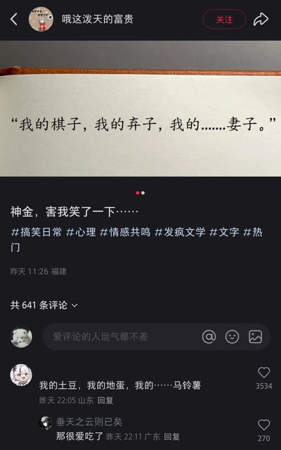 这是一张社交媒体平台的截图，博主“哦这泼天的富贵”发布了一张带有文字的纸张图片，纸上写着“我的棋子，我的弃子，我的……妻子。”，原本是带有情感转折的虐心句式，却因为前后词汇的反差形成荒诞感，博主配文“神金，害我笑了一下……”，并添加了#搞笑日常 #心理 #情感共鸣 #发疯文学 #文字 #热门等标签。评论区中，一位用户用相同句式玩梗，写下“我的土豆，我的地蛋，我的……马铃薯”，将句式改成同义词重复，制造出无厘头的搞笑效果，该评论获得3534个赞，另有用户回复“那很爱吃了”，进一步强化了梗的趣味性，整体属于发疯文学的变体，通过句式反差和同义词重复营造笑点。
