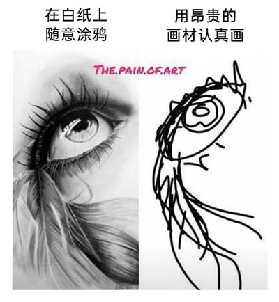 这是一张充满自嘲趣味的左右对比静态图，通过强烈反差调侃创作者的尴尬创作经历：左侧上方标注“在白纸上随意涂鸦”，对应一幅写实风格的精细素描，画面中的眼睛睫毛根根分明，下方的羽毛纹理细腻，整体逼真传神；右侧上方标注“用昂贵的画材认真画”，对应一幅线条杂乱、造型抽象的简笔眼睛画，潦草的画风和左侧形成巨大反差。画面中间上方的英文文字“THE.PAIN.OF.ART”精准点题，戳中了很多创作者“无心之作惊艳，用心创作拉胯”的共鸣，是创作者群体用来调侃自身创作状态的趣味梗图。